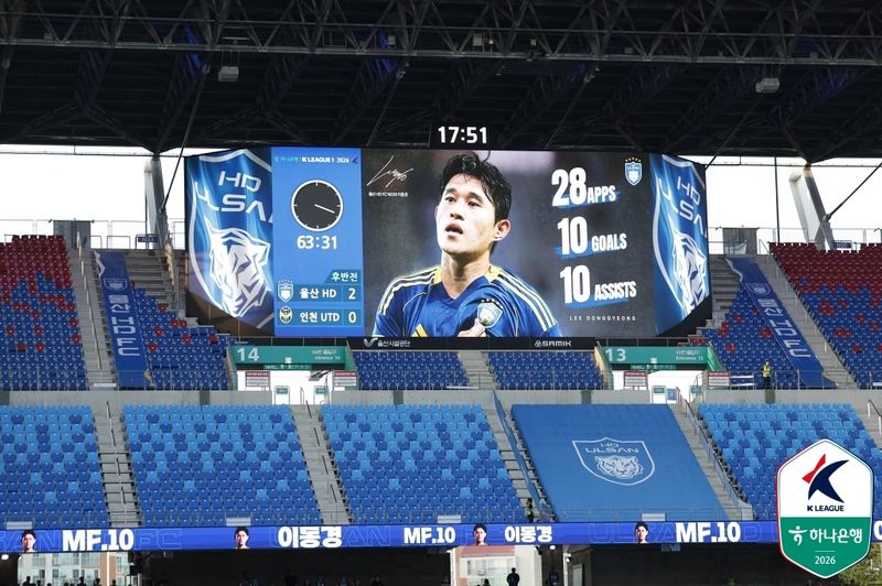 이동경의 10-10 클럽 가입을 알린 울산문수축구경기장 전광판. (출처=연합뉴스)