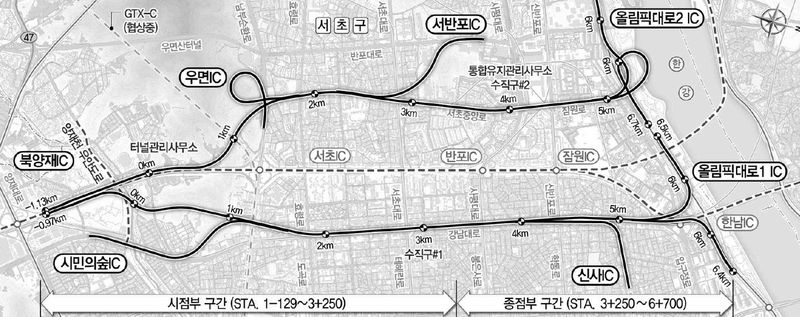 양재∼올림픽대로 간 지하도로 민간투자사업(BTO) 계획 노선. 서울시 제공