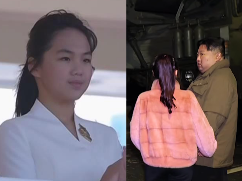 2026년 9월 6일 원산항에서 열린 강건호 취역 기념식에 흰색 정장 차림으로 참석해 박수를 치고 있는 김주애(왼쪽). 2023년 12월 18일에는 분홍색 모피 재킷을 입고 김정은 북한 국무위원장과 함께 대륙간탄도미사일(ICBM) 발사 현장을 참관해 화제가 됐다. /사진=연합뉴스, 조선중앙TV