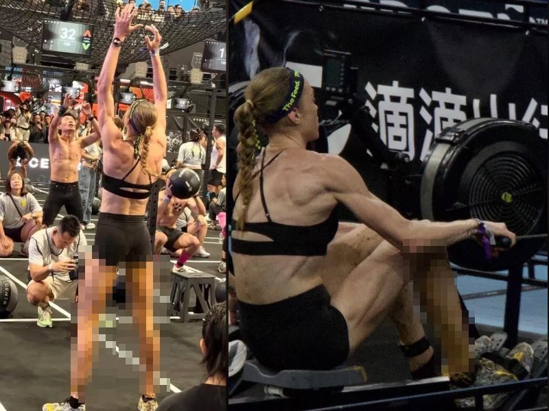 하이록스 참가자 조안나 비에트시크가 대회 중 설사를 한 뒤 오물을 묻힌 채로 월볼(왼쪽)과 로잉 구간을 수행하고 있다. /사진=레딧