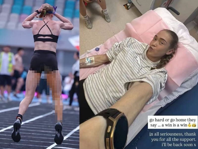 지난 12일 중국 베이징에서 열린 '하이록스' 대회에서 호주 국적 참가자 조안나 비에트시크가 다리에 배설물이 묻은 채 경기를 이어가고 있다(왼쪽). 경기 후 조안나는 병상에서 수액을 맞는 사진과 함께 "승리는 승리"라며 "응원해준 모든 분께 감사하다. 곧 돌아오겠다"는 글을 자신의 SNS에 올렸다. /사진=레딧