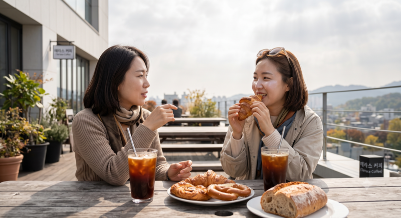 화창한 가을, 햇살 아래 커피와 함께 빵을 즐기는 여성들. 선선한 날이라고 해도 자외선의 공격은 피할 수 없고, 정제탄수화물을 자주 섭취하는 습관, 물 대신 커피를 마시는 습관 등은 노화를 부추기는 원인이 된다. /사진=생성형 AI 제미나이