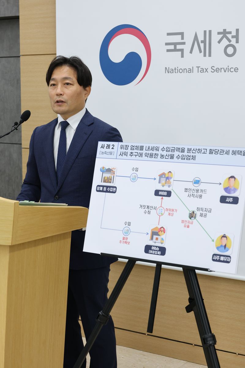 이성글 국세청 조사국장이 14일 정부세종청사에서 의식주 물가 불안을 조장하는 탈세 혐의자에 대한 세무조사에 관해 브리핑하고 있다. 연합뉴스