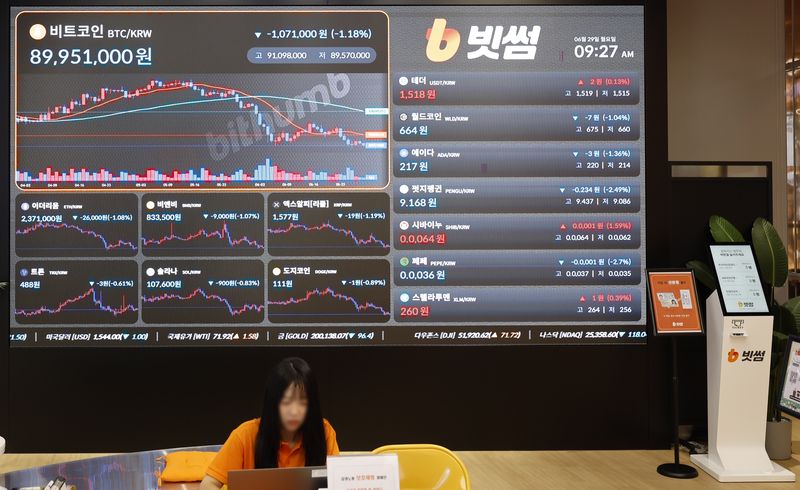 [서울=뉴시스] 김혜진 기자 = 지난 6월 29일 서울 강남구 빗썸라운지 전광판에 비트코인 가격이 표시돼 있다. 2026.09.17.
