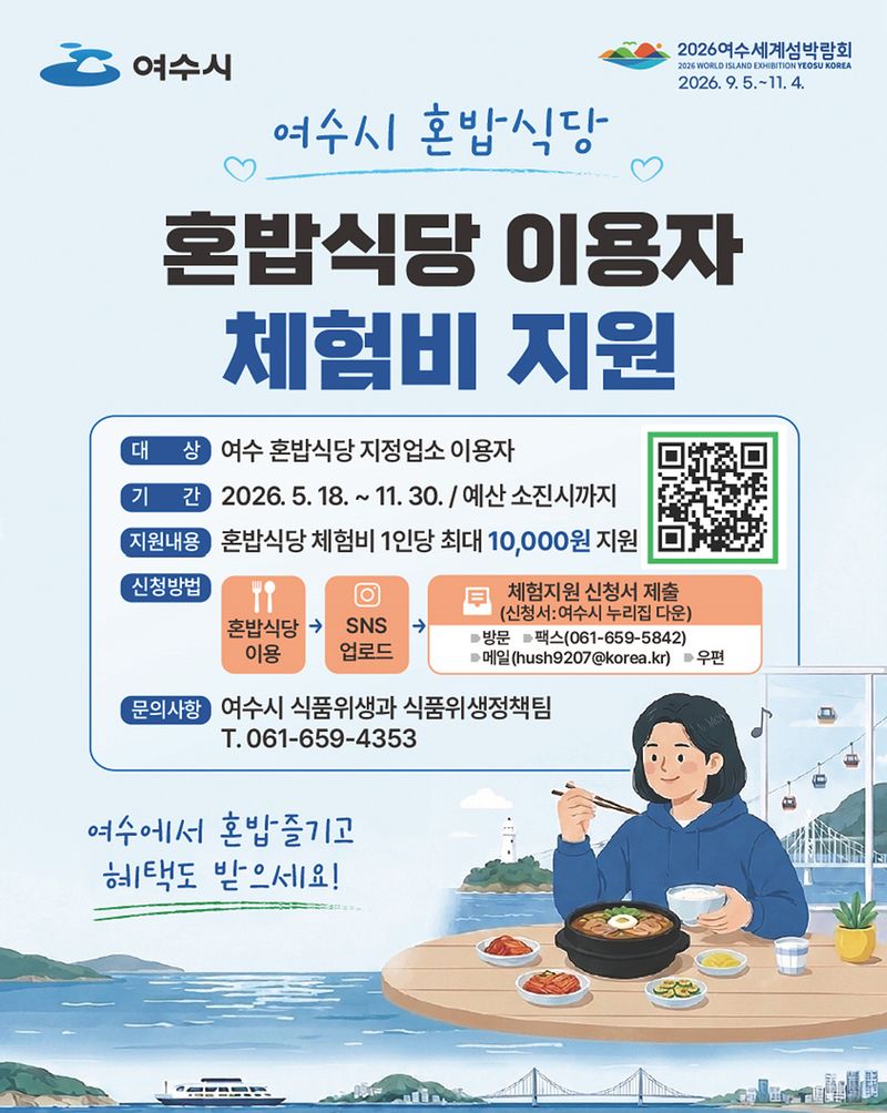 여수시가 혼자서도 부담없이 식사할 수 있는 '혼밥식당' 88개소를 지정하고, 이용 활성화를 위해 시민과 관광객을 대상으로 1인당 최대 1만원의 혼밥식당 체험비를 지원한다. 여수시 제공