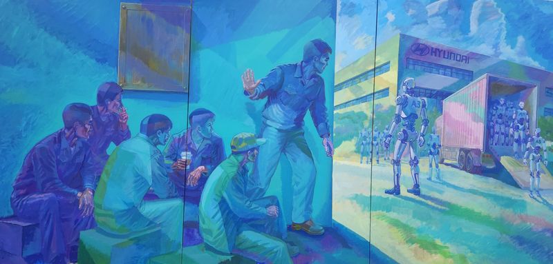 박영균 작가의 '현대자동차 점심시간'. 인간과 휴머노이드의 엇갈린 운명이 엿보인다. 울산노동역사관 1987 제공