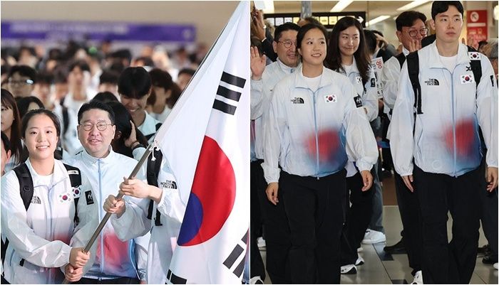 2026 아이치·나고야 아시안게임(AG) 대한민국 선수단이 17일 태극기를 들고 인천국제공항 제2여객터미널에서 출국한 반면 일본에서는 빈손으로 입국하고 있는 모습 /사진=연합뉴스