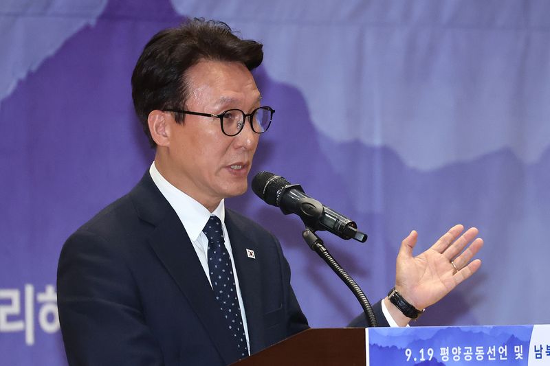 김민석 더불어민주당 대표가 18일 서울 여의도 국회 의원회관에서 열린 9.19 평양공동선언 및 남북군사합의 8주년 기념식에서 축사를 하고 있다. 2026.9.18 ⓒ 뉴스1 신웅수 기자