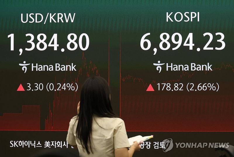 코스피 지난주 종가가 표시된 하나은행 본점 딜링룸 전광판 (출처=연합뉴스)