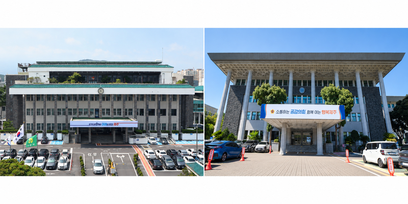 제주특별자치도청(왼쪽)과 제주특별자치도의회 청사. 제주도와 제주도의회는 21일 오후 3시 제주도청 탐라홀에서 민선 9기 도정과 제13대 도의회 출범 이후 첫 상설정책협의회를 열고 2027년도 재정운용 방향과 제주4·3, 2차 공공기관 이전, 2028년 G20 정상회의 유치 등을 논의한다. 사진=제주도·제주도의회 제공