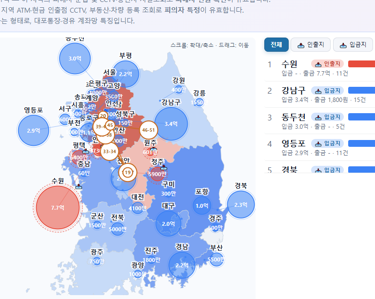 금융계좌 분석 AI 프로그램 '체이드(CHAID)'가 금융거래 내역을 지역별로 시각화한 화면. 거래 지역과 금액 등을 한눈에 확인할 수 있도록 구현했다. 경기남부경찰청 제공