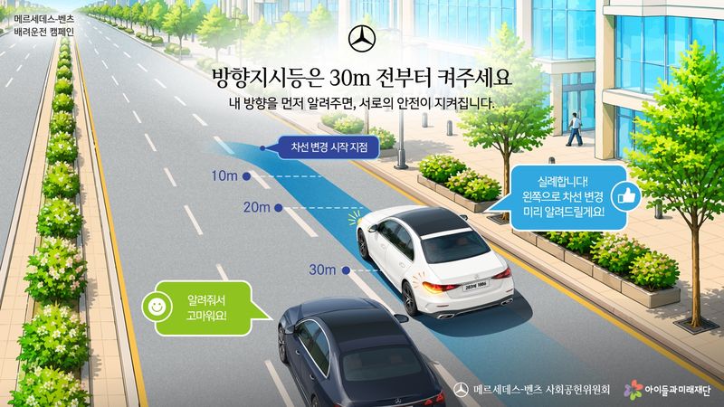 메르세데스-벤츠 사회공헌위원회가 '배려운전(Beyond Driving)' 캠페인의 두 번째 주제로 진행하는 방향지시등 사용 홍보 이미지. 메르세데스-벤츠 코리아 제공