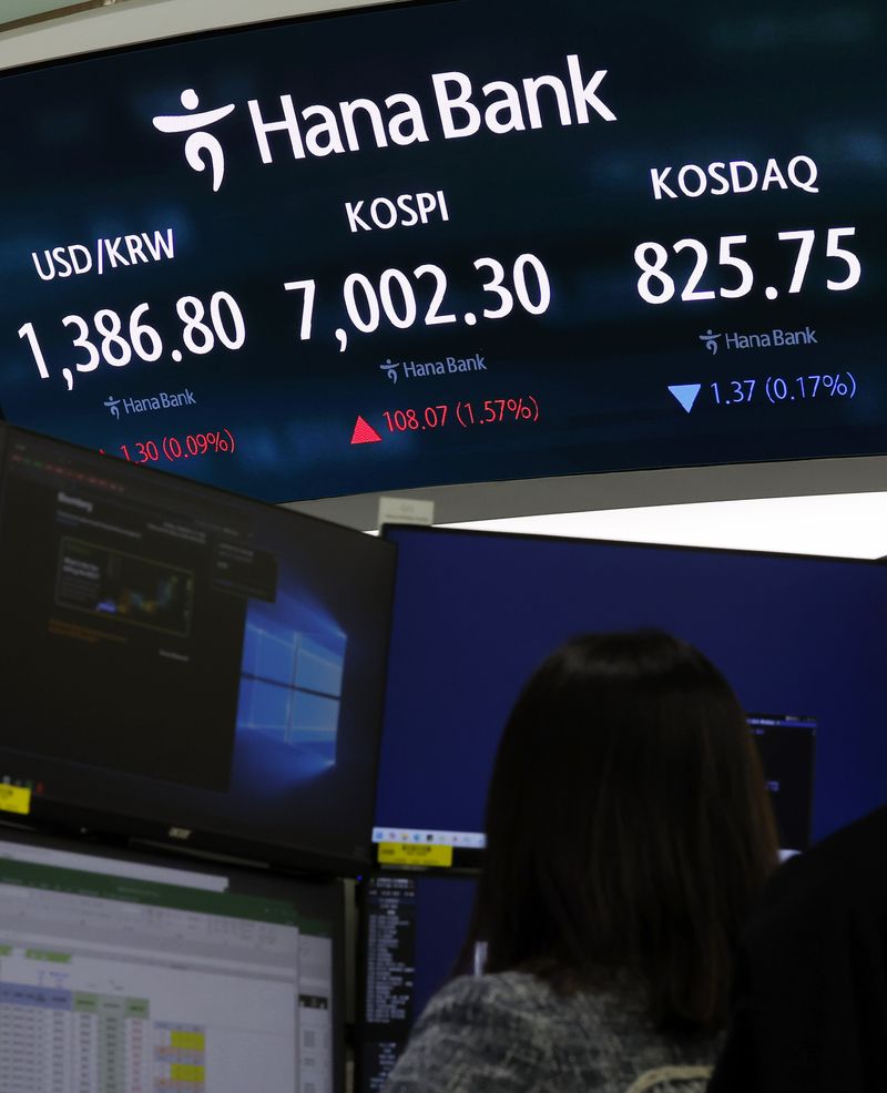 21일 서울 중구 하나은행 딜링룸 전광판에 주요 지수가 표시되고 있다. 뉴시스 제공