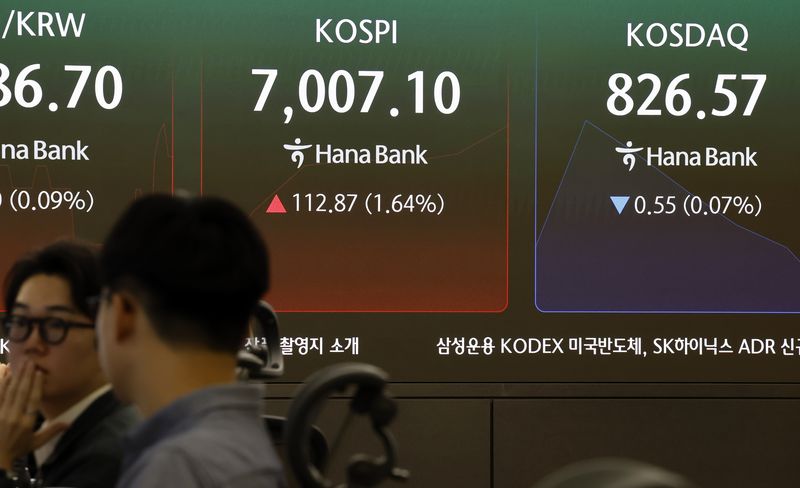 21일 서울 중구 하나은행 딜링룸 전광판에 주요 지수가 표시되고 있다. 뉴시스 제공