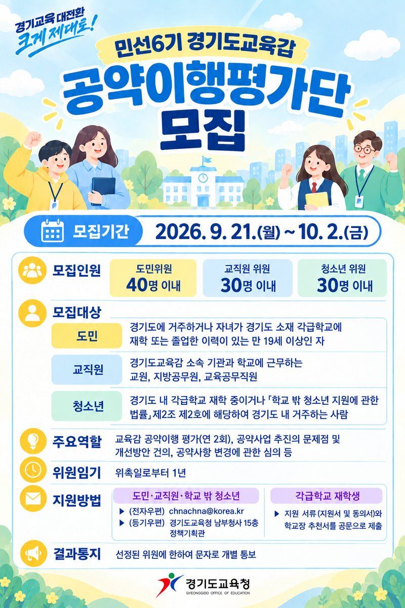 경기도교육청, '민선 6기 공약이행평가단' 100명 모집…무작위 추첨제 첫 도입