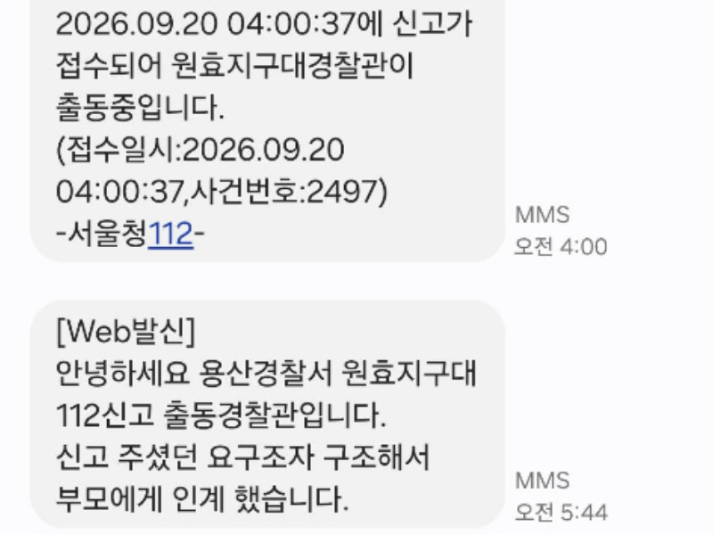 지난 20일 새벽 원효대교에서 난간에 다리를 올린 남성을 목격한 A씨가 112에 신고한 뒤 받은 문자 내역. /사진=보배드림
