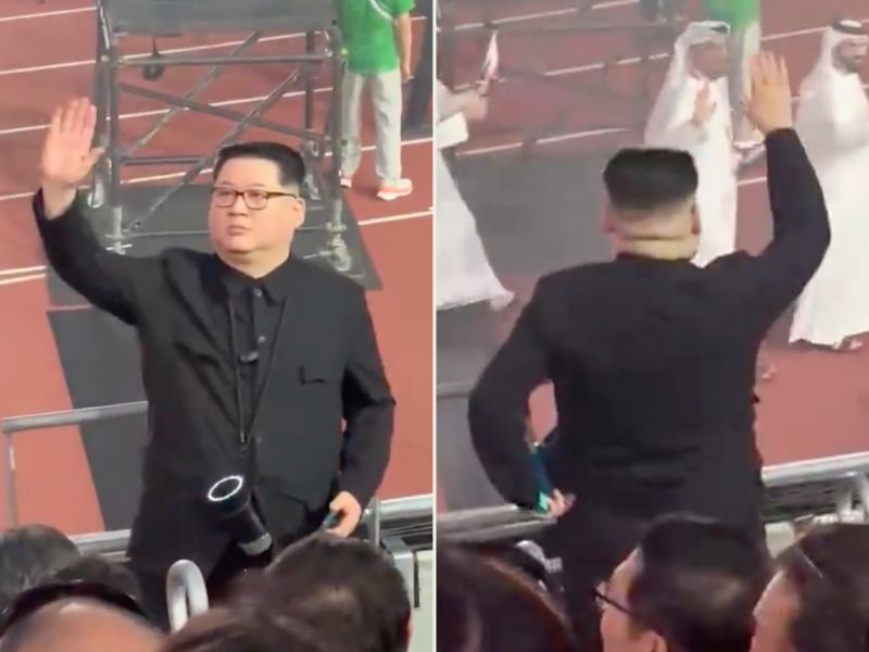 김정은 북한 국무위원장과 비슷한 복장과 헤어스타일을 하고 관중을 향해 손을 흔들고 있는 중국계 호주인 인플루언서 하워드 리. 리는 13년째 김 국무위원장을 흉내내고 있다. 2026.09.21. /사진=엑스