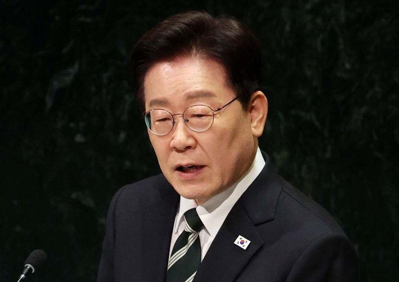 이재명 대통령이 22일(현지시간) 미국 뉴욕 유엔 본부에서 열린 제81차 유엔 총회에서 기조연설을 하고 있다. 뉴시스