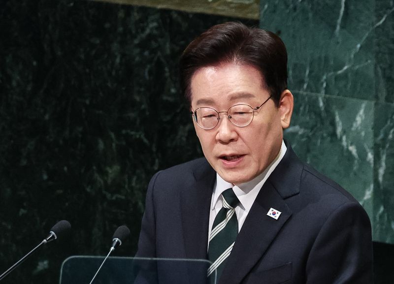 이재명 대통령이 22일(현지시간) 미국 뉴욕 유엔본부에서 열린 제81차 유엔총회에서 기조연설을 하고 있다. 뉴스1