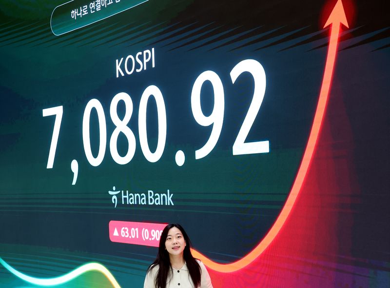 코스피가 63.01p(0.90%) 오른 7080.92에 장을 마감한 23일 오후 서울 중구 하나은행 본점에서 딜러들이 업무를 보고 있다. 코스닥은 10.10p(1.21%) 오른 844.48에 장을 마감했다. 뉴시스 제공
