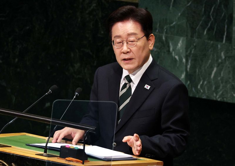 이재명 대통령이 22일(현지 시간) 미국 뉴욕 유엔 본부에서 열린 제81차 유엔 총회에서 기조연설을 하고 있다. /사진=뉴시스
