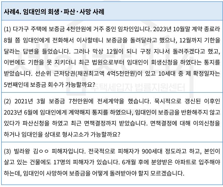 [서울=뉴시스] 주택세입자 법률지원센터 세입자114 보고서에 담긴 임대인 회생, 파산, 사망으로 인한 피해 사례. (자료=세입자114 보고서 발췌) 2026.09.24. photo@newsis.com *재판매 및 DB 금지