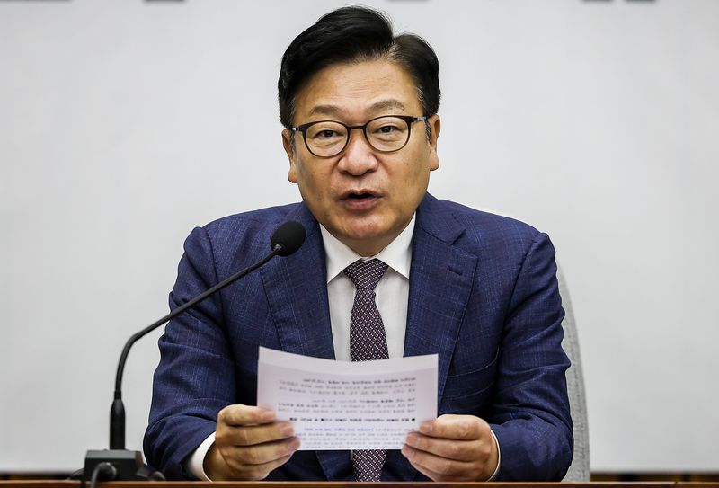 정점식 국민의힘 원내대표가 지난 22일 서울 여의도 국회에서 열린 원내대책회의에서 발언하고 있다. 뉴시스