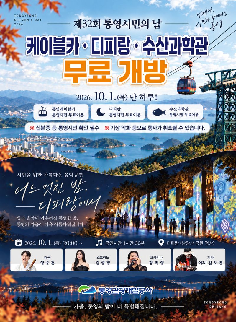 [통영=뉴시스] 신정철 기자= 오는 10월 1일, 통영시민의 날에 경남 통영시가 운영하는 미륵산케이블카와 남망산 디피랑, 산양읍 수산과학관을 하루동안 통영시민에게 무료개방한다.사진은 행사 포스터.(사진=통영관광개발공사 제공).2026.09.26. photo@newsis.com *재판매 및 DB 금지