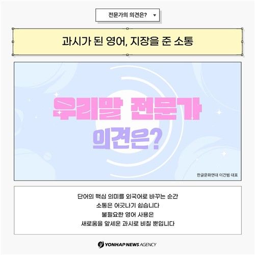 [카드뉴스] 우리말 구조대…영어와 우리말이 뒤섞인 방송언어 (출처=연합뉴스)