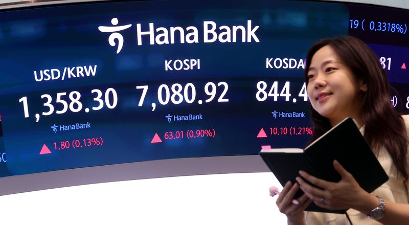 [서울=뉴시스] 박영태 기자 = 코스피가 63.01포인트(0.90%) 오른 7080.92에 장을 마감한 23일 오후 서울 중구 하나은행 본점에서 딜러들이 업무를 보고 있다. 코스닥은 10.10포인트(1.21%) 오른 844.48에 장을 마감했다. 2026.09.22. since1999@newsis.com /사진=뉴시스