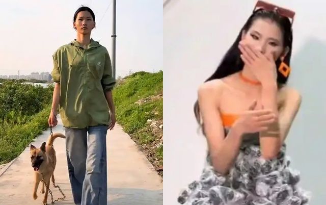 쓰레기 수거장 직원 렁밍후이(20)의 평소 모습(왼쪽)과 런웨이 데뷔 무대(오른쪽). 사진=바이두, 더우인