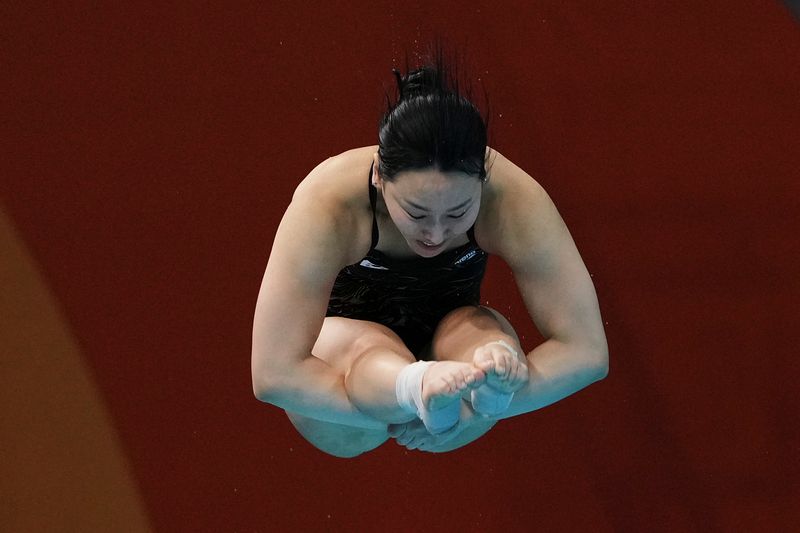 김수지가 28일 일본 도쿄 아쿠아틱스 센터에서 열린 2026 아이치나고야 아시안게임 다이빙 여자 1m 스프링보드 결선 경기를 펼치고 있다. 뉴시스
