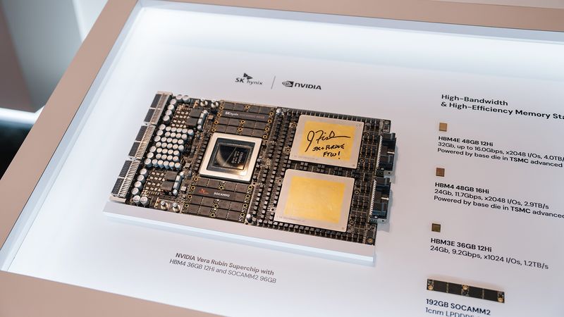 SK하이닉스의 HBM4 36GB 12단과 96GB 소캠(SOCAMM)2가 탑재된 엔비디아의 슈퍼칩 ‘베라 루빈'. SK하이닉스 제공