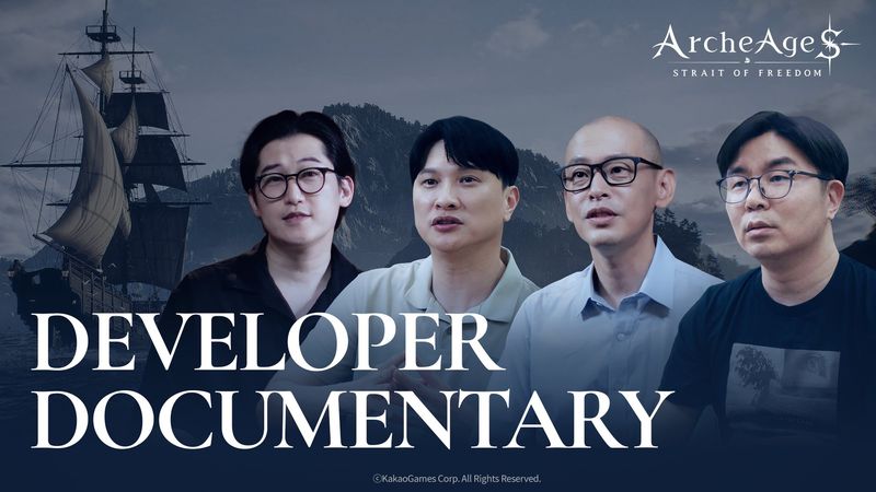 카카오게임즈가 공개한 '아키에이지 S: 자유의 해협' 개발 다큐멘터리 영상 섬네일. 왼쪽부터 류형선 배경팀장, 김경태 총괄PD, 정석원 PD, 문병운 캐릭터 팀장. 카카오게임즈 제공