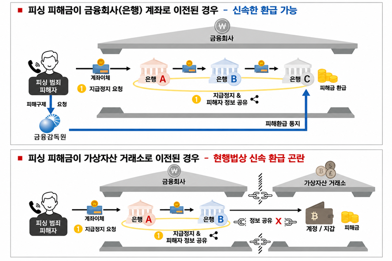 보이스피싱 피해금이 은행 계좌로 이체된 경우와 가상자산 거래소로 넘어간 경우의 환급 절차 비교. 기존에는 은행과 거래소 간 피해자 정보 공유가 어려워 거래소에 동결된 피해금을 신속히 환급하는 데 한계가 있었다. 서울경찰청 보도자료를 바탕으로 재구성