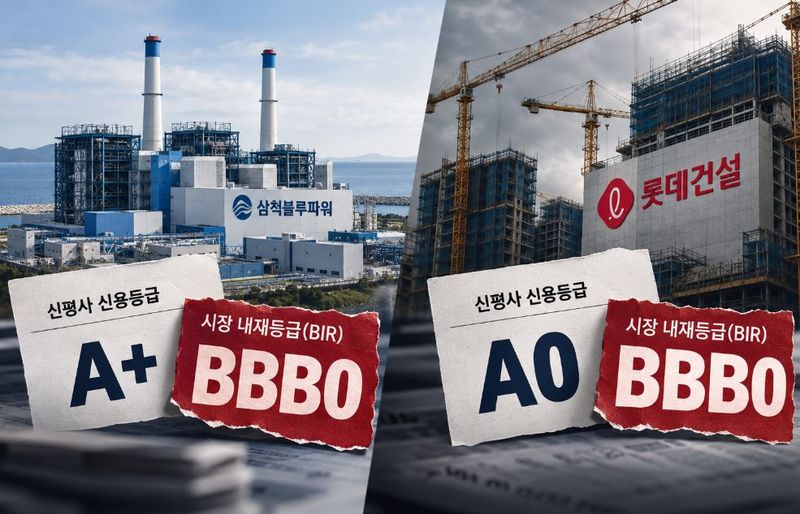 생성형 AI가 삼척블루파워와 롯데건설이 신평사 기준 A급 신용등급을 유지하고 있지만, 채권시장에서는 BBB급에 준하는 가격이 형성되며 공식 등급과 시장 평가 간 괴리가 나타난 점을 이미지화 한 모습. 챗GPT 제공.