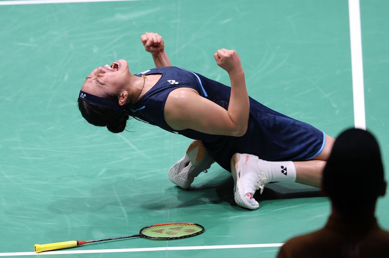 대한민국 안세영이 29일 일본 이치노미야 시립체육관에서 열린 2026 아이치·나고야 아시안게임 배드민턴 여자 단식 결승전에서 우승한 후 포효하고 있다. 뉴스1