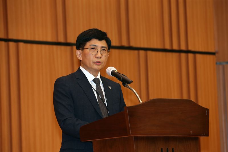 정우식 신임 원장이 한국원자력연구원 29일 대전 본원 대강당에서 취임사를 하고 있다. 한국원자력연구원 제공