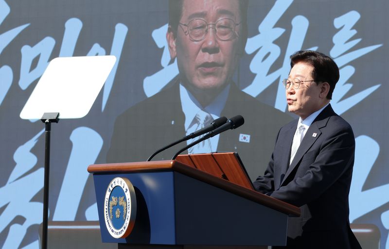 이재명 대통령이 30일 울산에서 열린 대호김종서함 진수식에서 축사를 하고 있다. 2026.9.30 ⓒ 뉴스1 이재명 기자