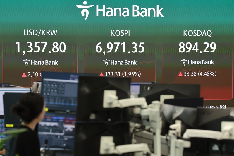 1일 오후 서울 중구 하나은행 딜링룸에서 딜러들이 업무를 보고 있다. 뉴시스 제공