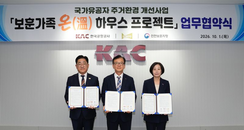 김원준 한국공항공사 사장(왼쪽 두번째)이 지난 1일 서울 강서구 본사에서 국가보훈부, 김포시와 '보훈가족 온(溫) 하우스 프로젝트' 업무협약을 체결한 뒤 이기형 김포시장(왼쪽 첫번째), 염정림 인천보훈지청장과 기념촬영을 하고 있다. 한국공항공사 제공