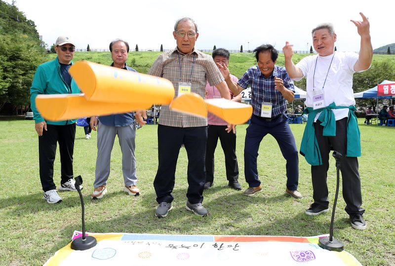 대구 달성군 옥포읍 송해공원 기세축구장에서 열린 '옥포읍 체육회·노인회 화합 한마당'을 찾은 어르신들이 윷놀이 대항전을 벌이고 있다. ⓒ 뉴스1 공정식 기자
