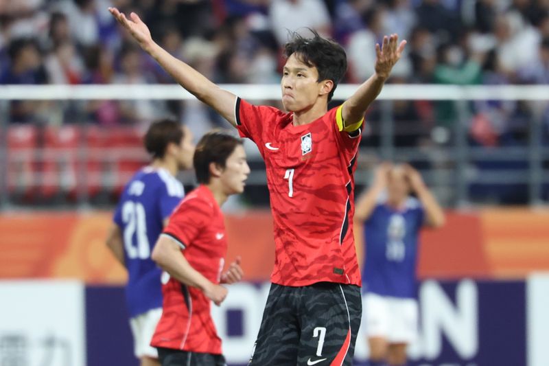 3일 일본 아이치현 도요타 스타디움에서 열린 2026 아이치·나고야 아시안게임 축구 결승전 대한민국과 일본의 경기, 대한민국 엄지성이 선제골을 넣은뒤 세리머니를 하고 있다.뉴스1