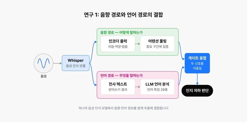 [서울=뉴시스] 네이버클라우드가 음성에서 억양·리듬·머뭇거림 등 음향 정보와 어휘·문법·이야기 흐름 등 언어 정보를 각각 분석한 뒤 결합해 인지 저하 여부를 판단하도록 한 연구 구조. (사진=네이버클라우드 제공) *재판매 및 DB 금지