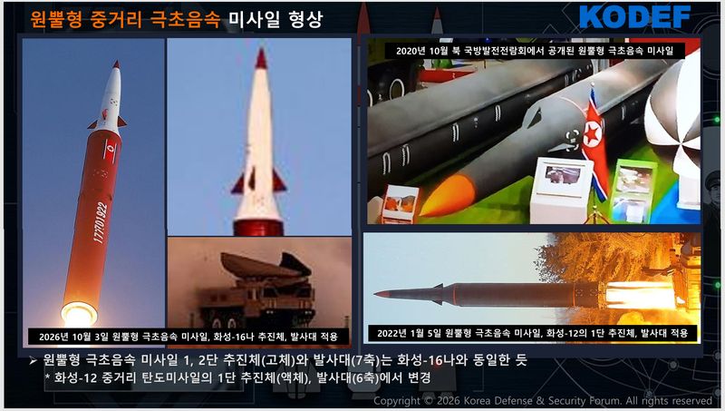 북한 원뿔형 중거리 극초음속 미사일의 형상 및 추진체 변경 진화 과정. KODEF 분석에 따르면, 지난 3일 발사된 원뿔형 극초음속 미사일은 과거 화성-12형 기반의 1단 액체 추진체 및 6축 발사대에서 탈피하여, 최신 중거리 탄도미사일인 '화성-16나'와 동형인 1·2단 고체 추진체 및 7축 이동식 발사대(TEL)를 적용한 것으로 평가된다. 한국국방안보포럼(KODEF) 제공