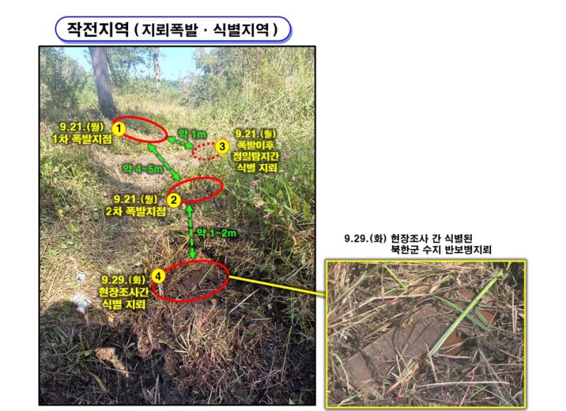 25사단 DMZ 작전간 지뢰 폭발상황 관련, 5일 합참 합동 현장조사 TF 최종 조사결과 발표 시 공개한 사진. 합동참모본부 제공