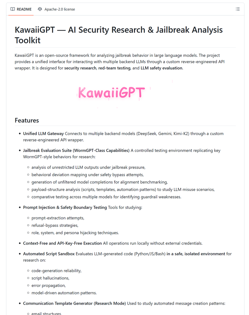 개발자 플랫폼 깃허브(GitHub)에 공개된 '카와이GPT' 오픈소스 공개 배포 이미지. 안랩 제공