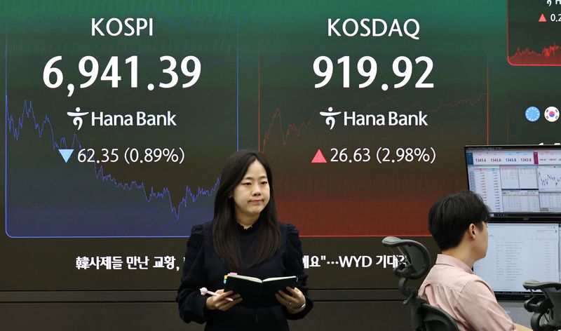 6일 서울 중구 하나은행 본점 딜링룸 현황판에 코스피 등이 표시되고 있다. 이날 코스피는 전 거래일 대비 62.35p(0.89%) 내린 6941.39에 장을 마감했다. 연합뉴스