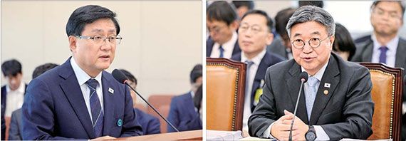 김성환 기후에너지환경부 장관(왼쪽 사진)과 윤호중 행정안전부 장관이 6일 국회에서 열린 기후에너지환경노동위원회와 행정안전위원회 국정감사에 각각 출석해 발언하고 있다. 뉴스1