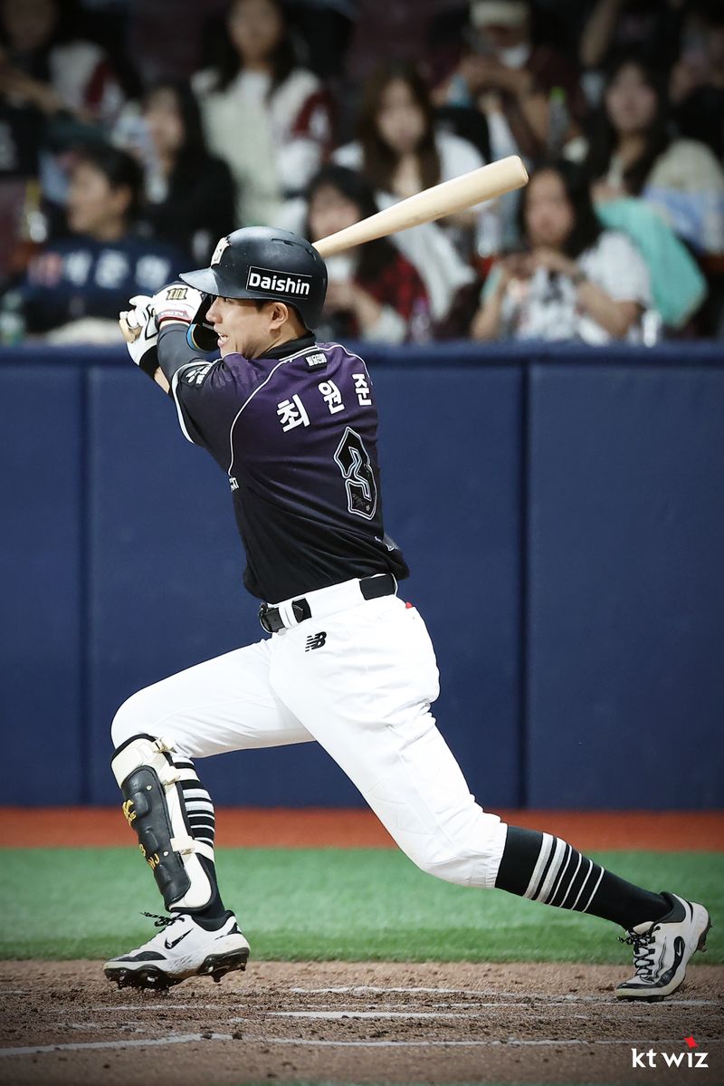 [서울=뉴시스] 6일 오후 서울 고척돔에서 열린 2026 KBO 리그 키움 히어로즈와 KT 위즈의 경기, 3회초 KT 선두타자 최원준이 우익수 오른쪽 2루타를 날리고 있다. (사진=KT제공) 2026.10.06. photo@newsis.com *재판매 및 DB 금지